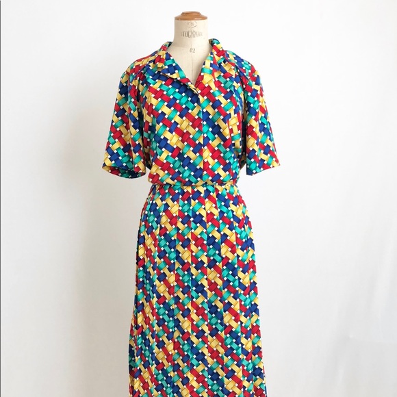 Vintage bright 1980’s shirt dress colorful summer - Picture 2 of 5